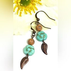 Turquoise Gold Czech Glass Pansy Flower Orange Stone Copper Leaf Dangle Earrings